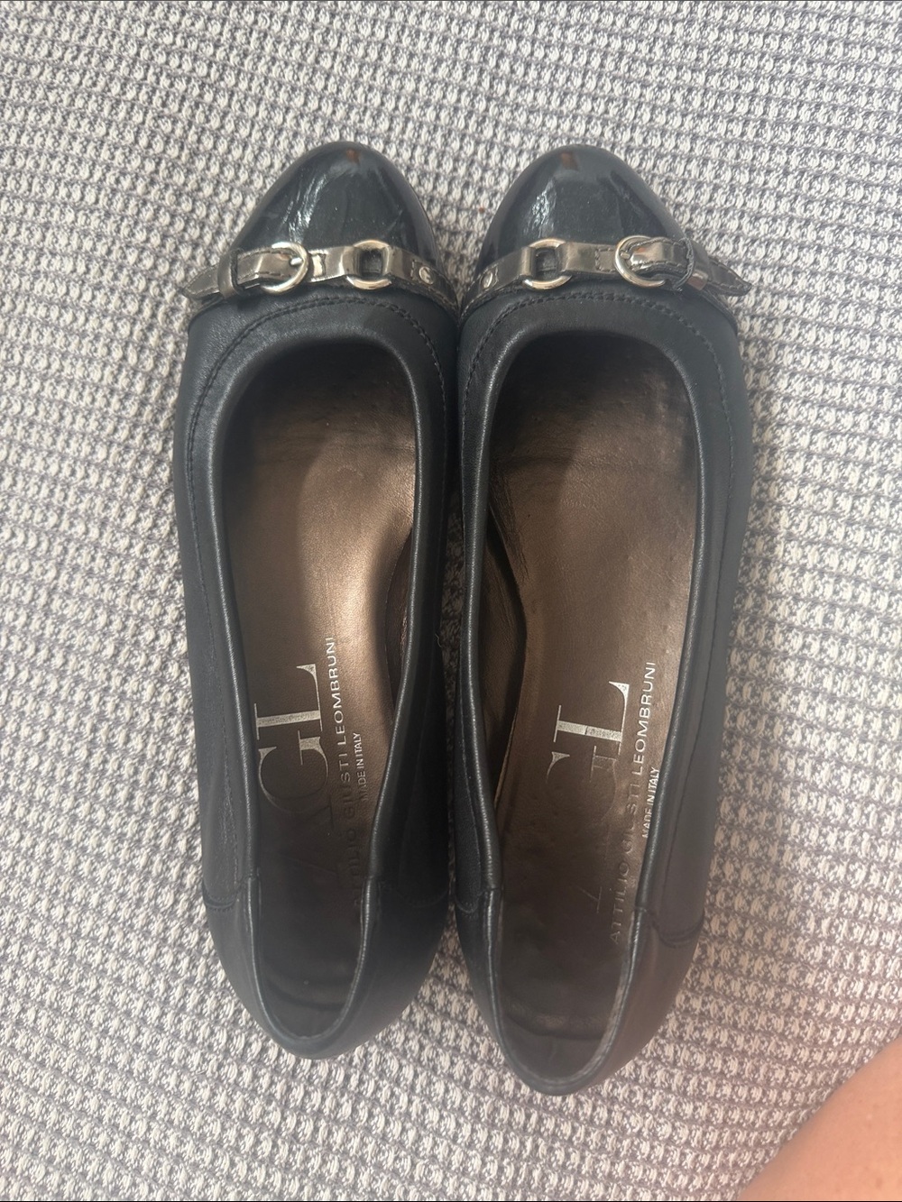 Attilio Giusti Leombruni Black Leather Ballet Flats with Metallic Buckle